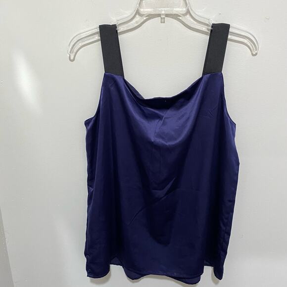 LOFT Navy Blue Satin Tank Top SIZE MEDIUM Black Ribbon Straps Pleated Neckline - Picture 4 of 8
